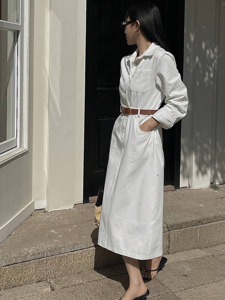 Spring Women's Casual White Pocket Lapel Belted Mid-Length Dress Sundress