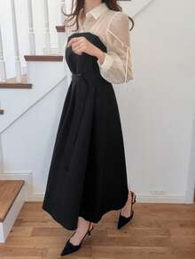 FRIFUL 女士混纺面料网纱雪纺A字连衣裙，泡泡袖，蝴蝶结腰带，夏季休闲派对连衣裙，情人节派对 - 黑色 - 查看 6