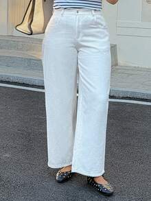 Dazy Plus Dark Wash Blue Waistband Patchwork Drawstring Straight Leg Long Jeans, All Season - White - View 6