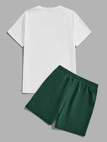 VIVINTIMO Men's Slim Fit White Knit Top And Green Woven Shorts Set Tropical Plant & Letter Print T-Shirt Set, Vacation Style - Multicolor - View 2