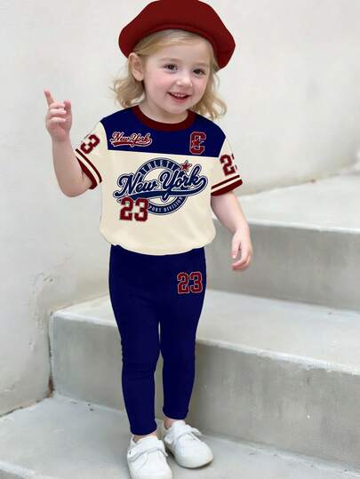 2pcs/Set Baby Girls Casual Vintage Letter & Number Badge Graphic Round Neck Short Sleeve T-Shirt & Leggings Set, Fashion Outfit For Spring/Summer