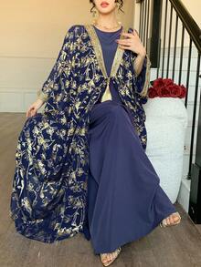 DAZY Women's Regular Jacket With Metallic Gold, Flared Sleeves, Fringes, 3/4 Sleeve Robe Dress - Royal Blue - View 6