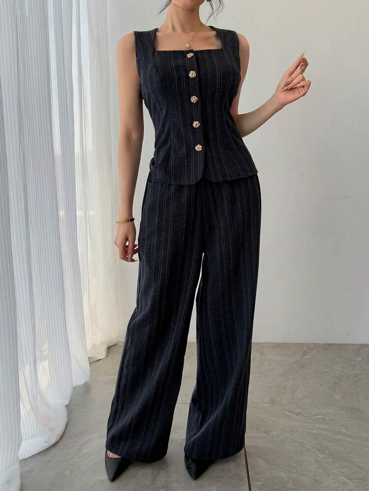 Women's Square Neck Sleeveless Front Button Striped Fashion Suit Set