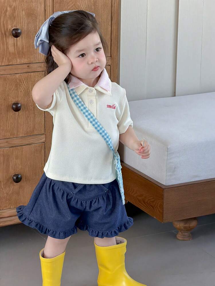 Baby Girls' Collared Contrast Color Korean Style Casual Short Sleeve Embroidered Top Summer