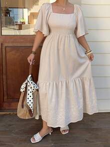 Dazy Plus Plus Size Solid Color Square Collar Ruffle Sleeve Loose Hem Contrast Lace Casual Long Apricot Dress, Spring/Summer Maxi Dress Sundress Vacation Outfits Women - White - View 6