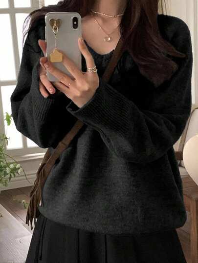 DAZY Suéter de mujer de unicolor con cuello en V, casual y versátil de manga larga, adecuado para salidas de otoño/invierno
