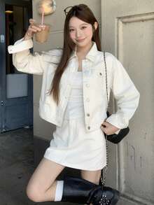 DAZY Women's Casual Solid Color Pocket Jacket And Denim Skirt 2-Piece Set, Spring/Autumn - Beige - View 3