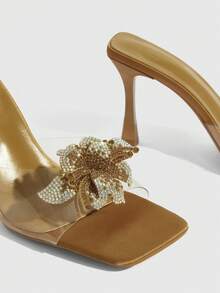 CUCCOO SZL Women's Square Toe Stiletto Heel Transparent Rhinestone Embellished Slip-On Mule Sandals, Elegant For Dresses, Party, Nightclub - Camel - View 5