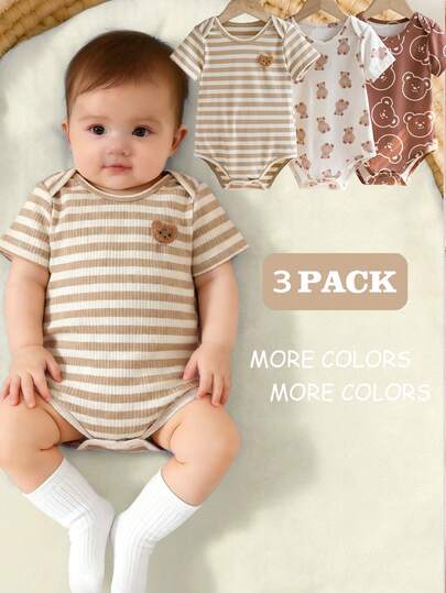 SHEIN Vintaside Kids 3件套男婴夏季新款罗纹面料小熊条纹印花信封领短袖连体衣，多色休闲日常套装