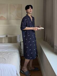 DAZY Men's Long Floral Print Robe, Spring/Summer - Blue - View 6