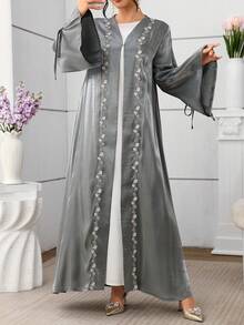 SHEIN Najma Lace Trim Patchwork Long Sleeve Flared Women's Abaya - Dark Grey - View 7
