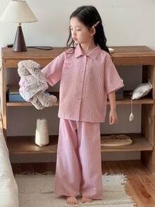 DAZY Young Girl Comfortable Plaid & Letter Print Short Sleeve Shirt And Pants Pajama Set, Summer - Pink - View 7