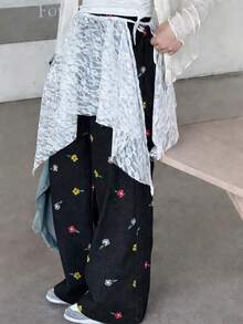 Dazy Kids Tween Girls' Casual Ditsy Floral Loose Wide Leg Pants With Slant Pockets - Grey - View 4