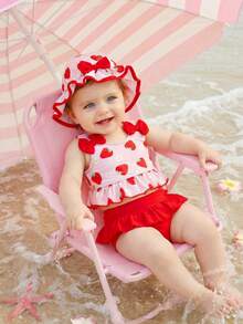 SHEIN Conjunto de playa lindo para niña con estampado de fresa, decorado con moño y sombrero - Multicolor - Ver 8