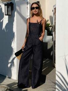 DAZY Quần yếm và áo liền quần denim kiểu dáng thường ngày thêu hoa dành cho nữ, thích hợp cho kỳ nghỉ hè. - Rửa tối - Xem 4