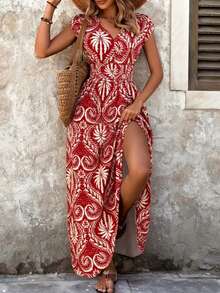 Balvessa Women's V-Neck Waist Cinched A-Line Long Dress, Floral Print On Red Background - Red - View 1