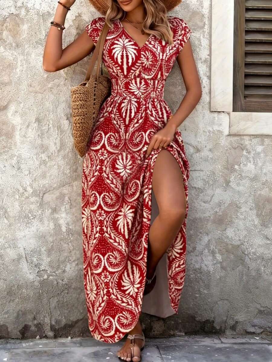 Balvessa Women's V-Neck Waist Cinched A-Line Long Dress, Floral Print On Red Background - Red - View 1