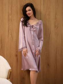 DAZY Romantic Satin & Lace Patchwork Ruffle Hem Women Nightgown - Pink - View 6