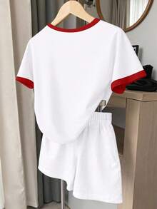2pcs/Set Teen Girls Casual Heart Print Short Sleeve T-Shirt And Striped Shorts Set, Comfortable And Versatile For Spring, Summer, Autumn - White - View 3