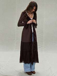 SoleilVie 女士休闲荷叶边领雪纺拼接针织长袖连衣裙 - 棕色 - 查看 1