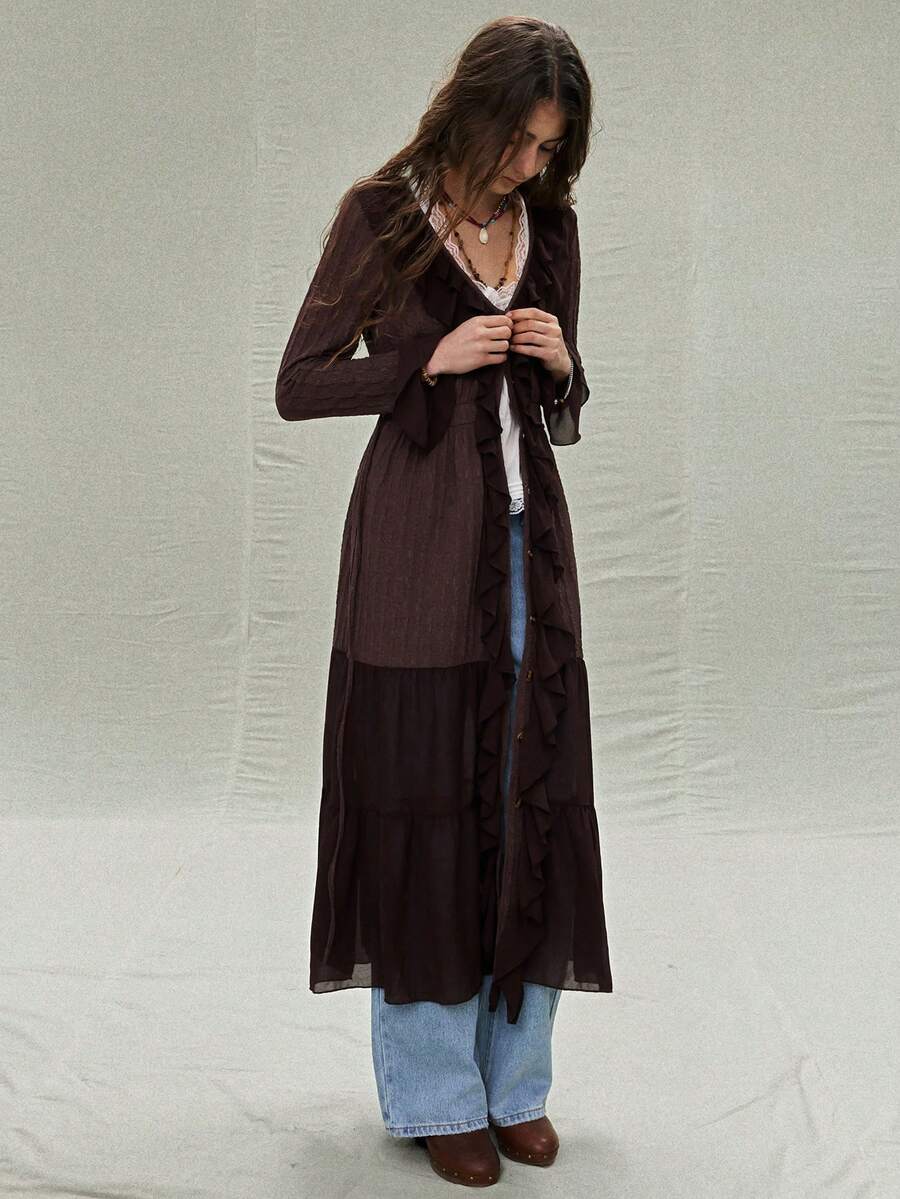 SoleilVie 女士休闲荷叶边领雪纺拼接针织长袖连衣裙 - 棕色 - 查看 1