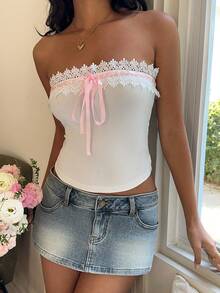 Sunnyshic Elegant Women's Bandeau Top With Pink Ribbon And Lace Trim - Pink - View 3