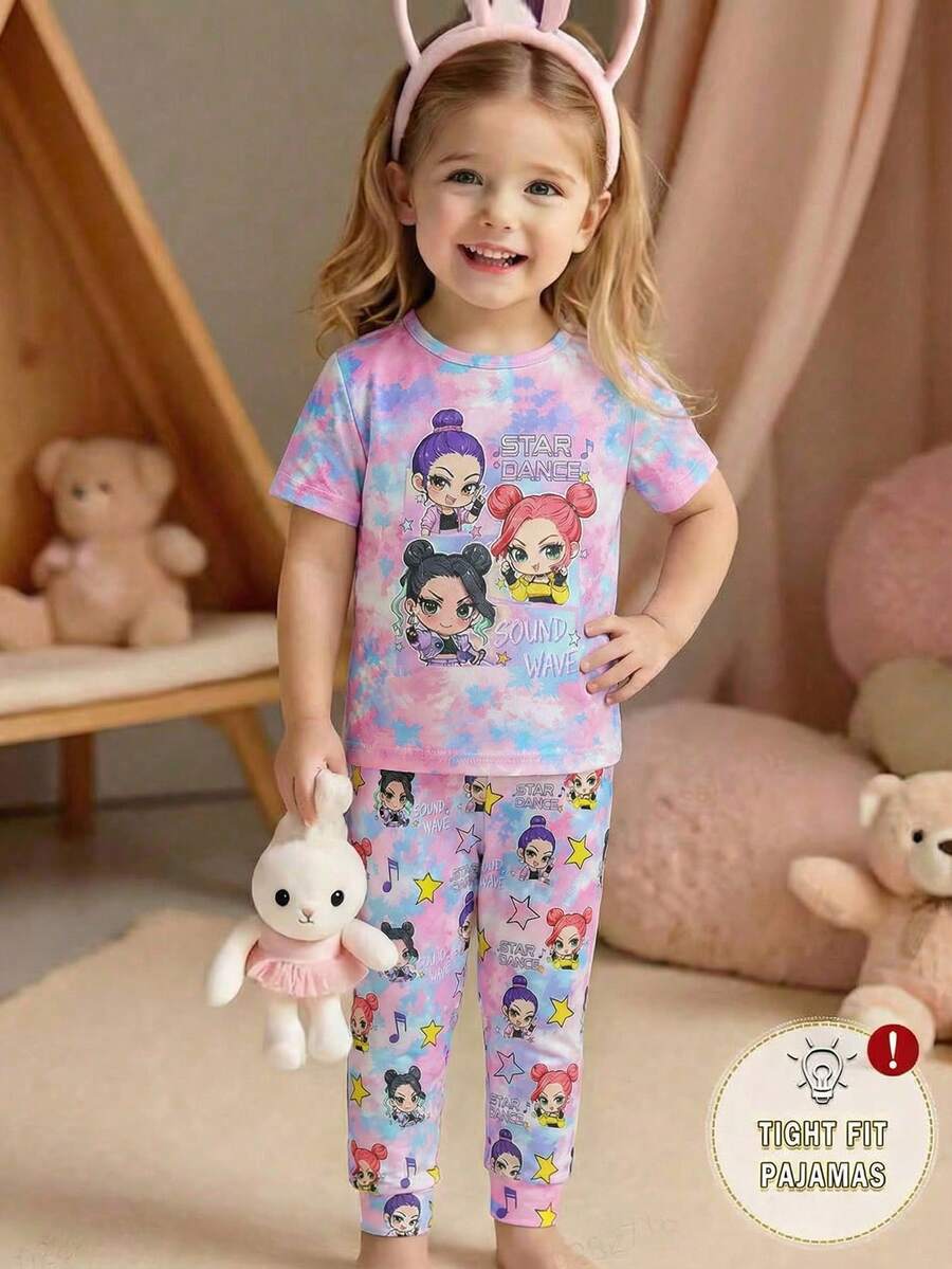 SHEIN 2pcs/Set Baby Girl Fashionable & K-POP Girl Group Letter Print Snug Fit Pajamas Set Tie-Dye Crew Neck Top And Cartoon Girl With Stars Print Leggings Knit Casual Homewear Set Suitable For Summer - Multicolor - View 1