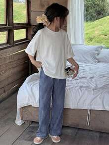 DAZY Tween Girl Solid Color Round Neck Short Sleeve Top And Striped Pants Pajama Set - White - View 5
