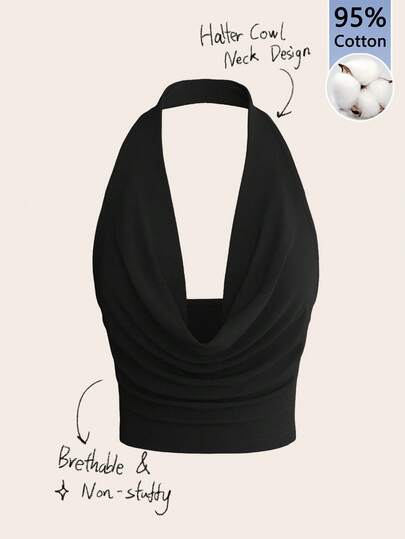 Tseoso 95% Cotton Women's Solid Color Backless Crop Halter Sexy Top With Drape Neck, Nightclub Vacation Party Wear, Summer Sports Gym Fitness, Home Cute School Outfit, Retro Vintage Soft Girl Clean Girl Style, Sports Gen Z Fashion, All Year Wear Western Festival Spring