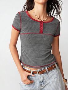 Bohemela Casual Knit Partial Zip-Up Short Sleeve Fitted Women T-Shirt - Grey - View 4