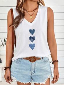SHEIN LUNE Casual Versatile Blue Faux Mechanical Heart Graphic V-Neck Tank Top For Women, Suitable For Summer Spring - White - View 5