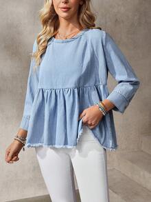 Breezaya Camicetta di jeans ampia con scollo rotondo, maniche a 3/4 e orlo con volant sfrangiato - Blu - Visualizzare 4