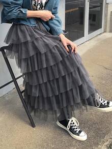 FRIFUL Women's Elastic Waist Layered Mesh Patchwork Cake Skirt, Suitable From Spring To Summer - Black - View 6