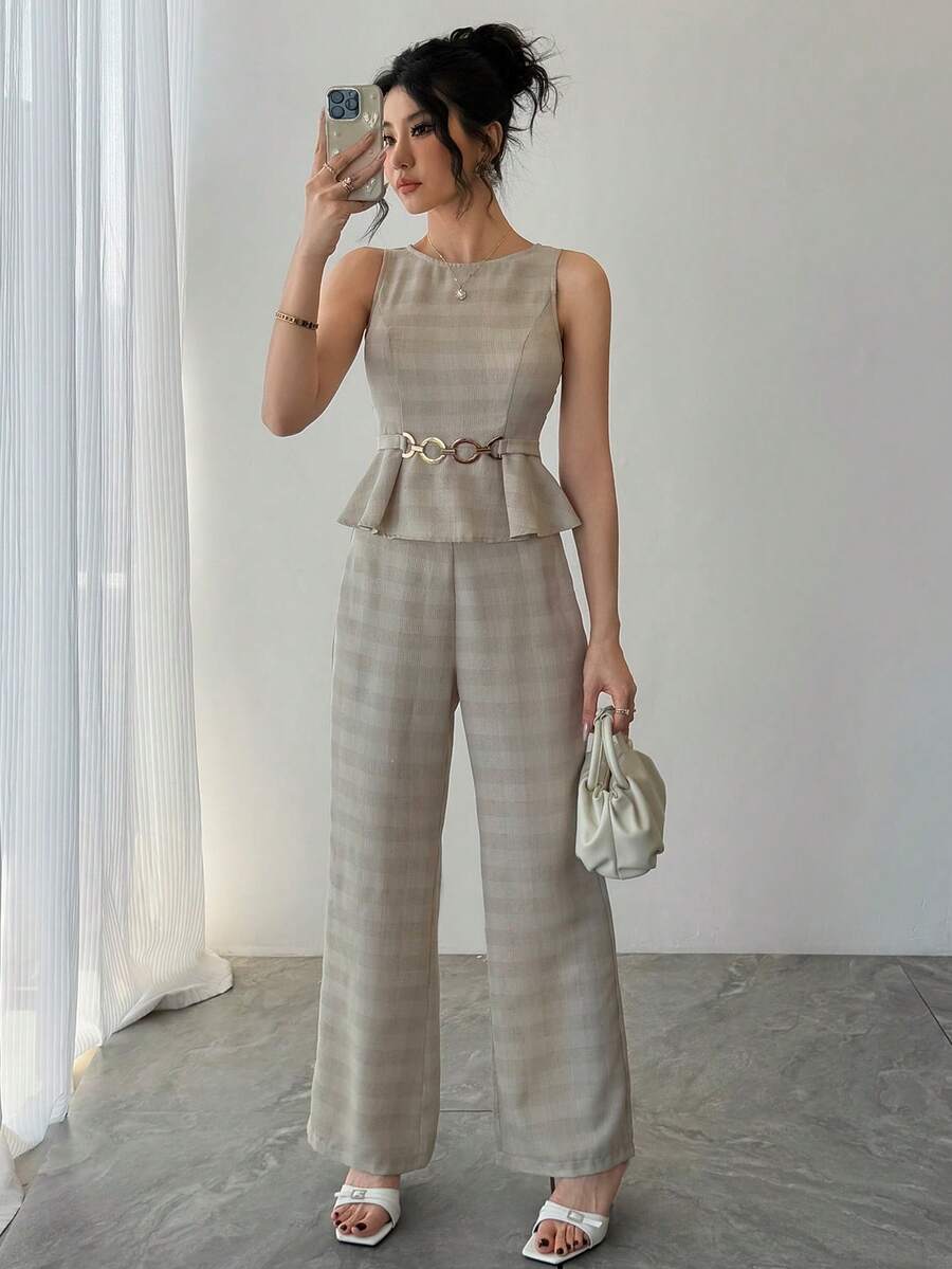 DAZY Women's Casual Commuter Striped Ruffle Hem Top And Pants Set, Summer - Apricot - View 1