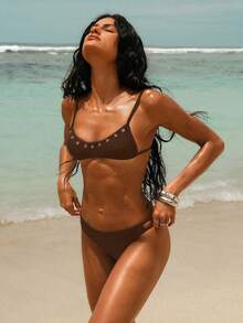Swim Basics Women's Solid Color Spaghetti Strap Halter Fashionable Bikini Set - Brown - View 3