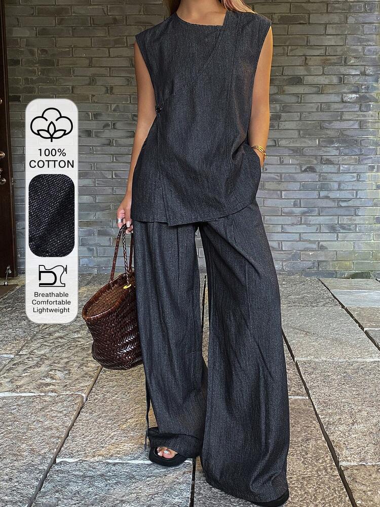 Women's Sleeveless Belted Vest And Straight Loose Wide Leg Jeans Casual Suit