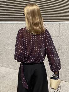Livesso Polka Dot Print Loose Casual Chiffon Blouse With Tie Neck, Suitable For Spring, Summer, Valentine's Day, Wedding, Vacation, Beach, Elegant Office Wear, Thin Long Sleeve Women Shirt - Brown - View 4