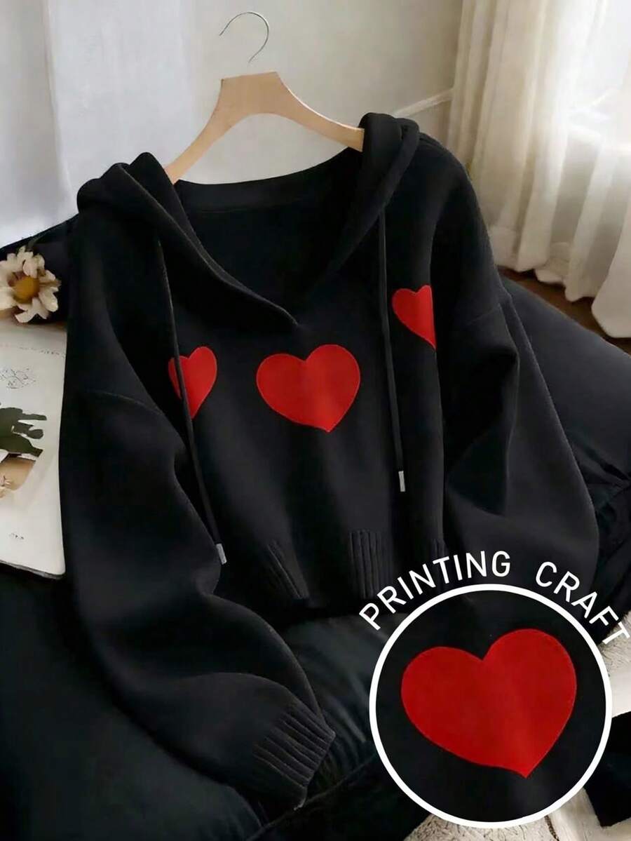 Resyla 女士春秋新款卫衣，柔软针织休闲百搭卫衣，饰有爱心图案 - 黑色 - 查看 1