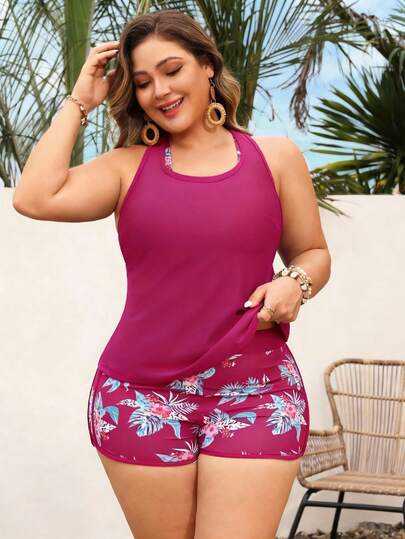 Swim Lushoire Plus Size Women 3-Piece Swimsuit Set, Random Floral Print Sleeveless Cover-Up, Racerback Bra Top And Shorts, Suitable For Beach, Pool, Sports