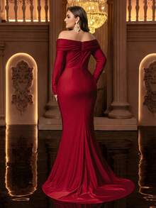 Glamrae Plus Size Elegant Red Spring Evening Dress,Luxurious Off-Shoulder Ruched Bow Long Sleeve Fitted Mermaid Wrap Slit Maxi Dress With Train For Prom Party - Red - View 4