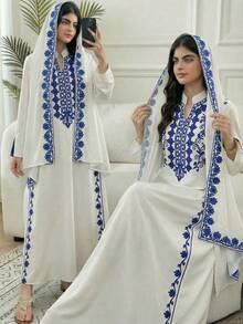 1pc Teen Girls' V-Neck Loose Long Sleeve Print Dress, Spring/Summer - Multicolor - View 1