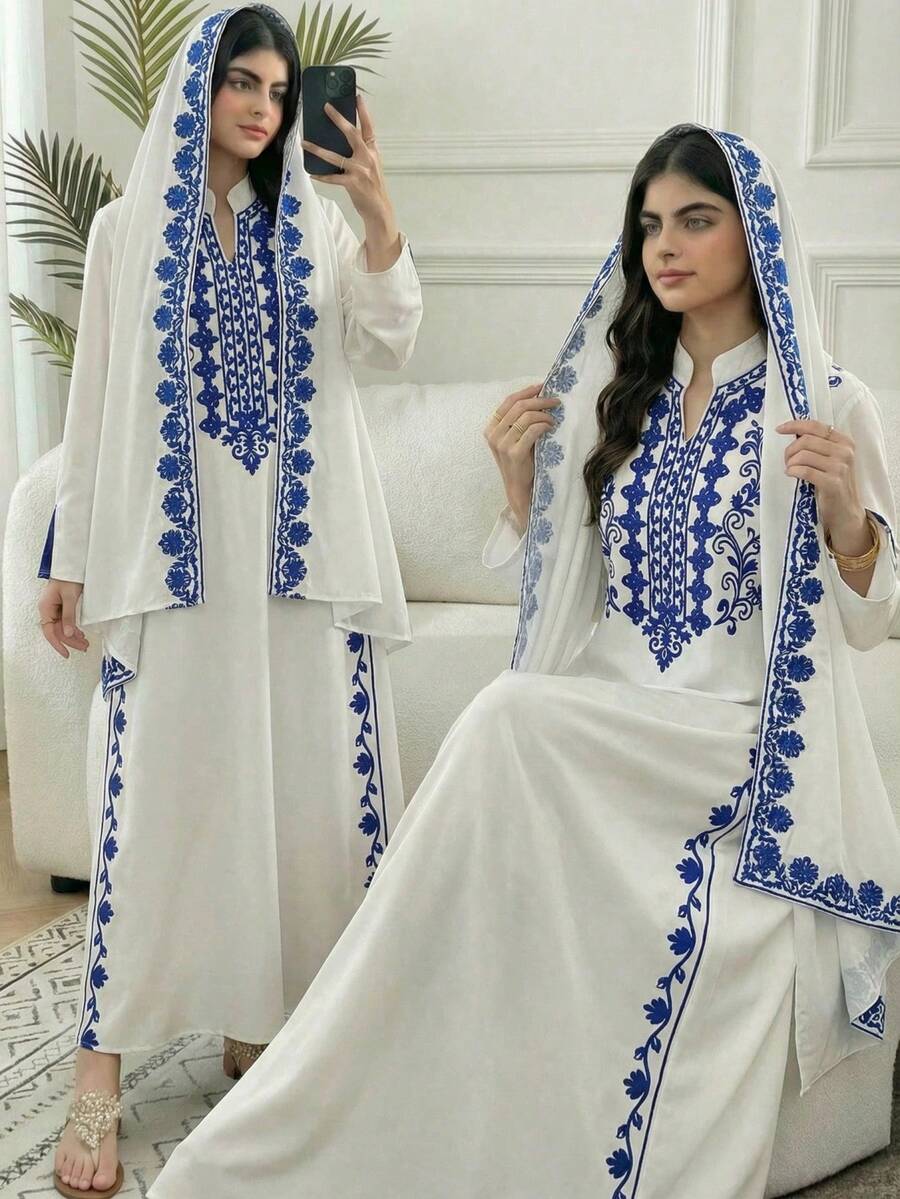 1pc Teen Girls' V-Neck Loose Long Sleeve Print Dress, Spring/Summer - Multicolor - View 1