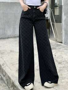 DAZY Women's Casual Loose Fit Patterned Jeans - Black - View 2