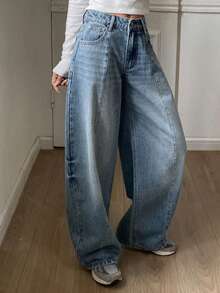 DAZY 女士低腰筒状休闲牛仔裤，都市街头风 Y2K - 中等水洗藍 - 查看 7