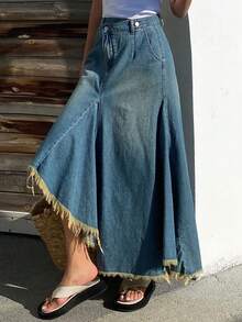 DAZY 女士不对称设计腰部毛边下摆A字休闲牛仔迷你裙 Y2k - 中等水洗藍 - 查看 8