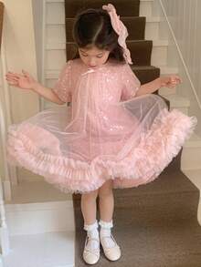 Dazy Kids Girls (Small) Summer New Children Sequin Puff Sleeve Mesh Princess Dress, Party Dress - Pink - View 7