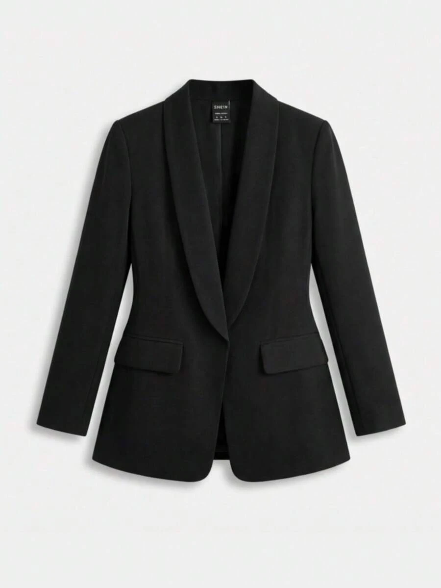 Lumivelle 纯色长袖披肩领极简主义西装外套 - 黑色 - 查看 1