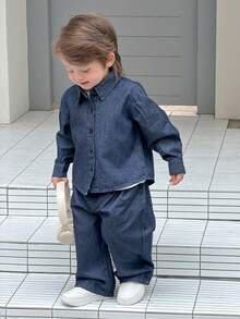 DAZY Toddler Boys' Retro Casual Washed Denim Shirt Collar - Dark Wash - View 7