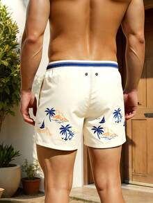 Horizaway 男士热带印花休闲沙滩短裤 - 米色 - 查看 2