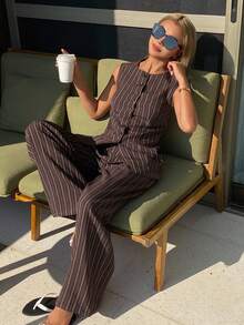 DAZY 2pcs Women's Elegant Formal Contrast Striped Sleeveless Top And Pants Suit Set, Spring/Autumn - Coffee Brown - View 6